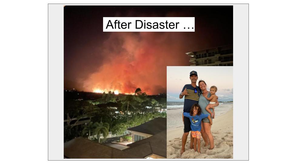 Sheltered on a hotel balcony, the Connor family watches the 2023 fires in their Lahaina neighborhood.